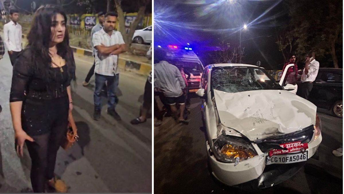 A drunk Russian woman involved in a car crash on VIP Road, Raipur, standing beside a damaged vehicle with bystanders in the background